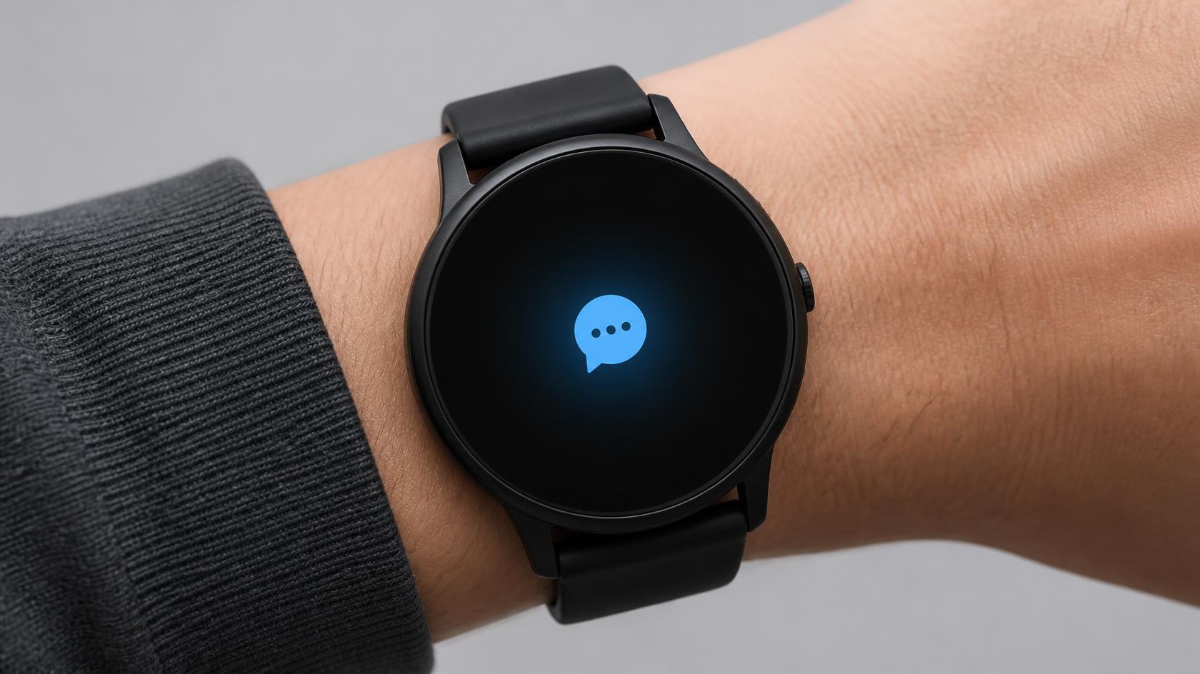 Smartwatch Giewont na nadgarstku, widoczna tarcza z powiadomieniem, jasne tło.