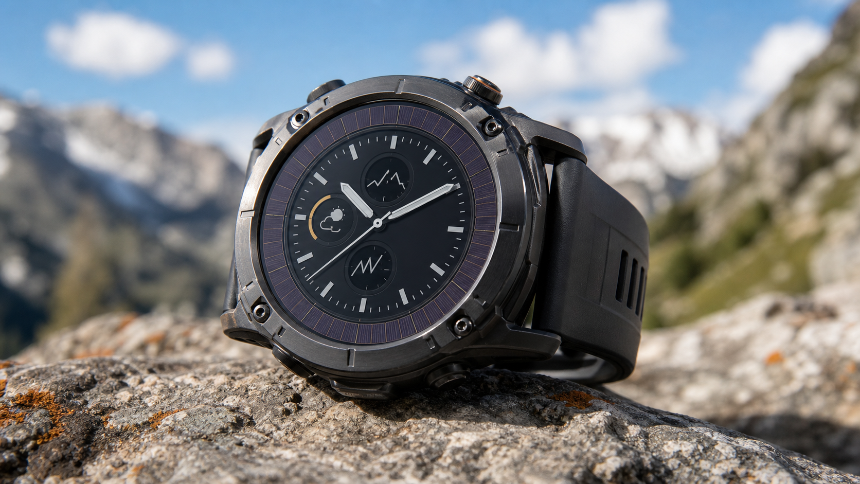 Smartwatch sportowy z ciemną tarczą leżący na zewnątrz w świetle słonecznym, widoczna faktura panelu solarnego wokół tarczy.