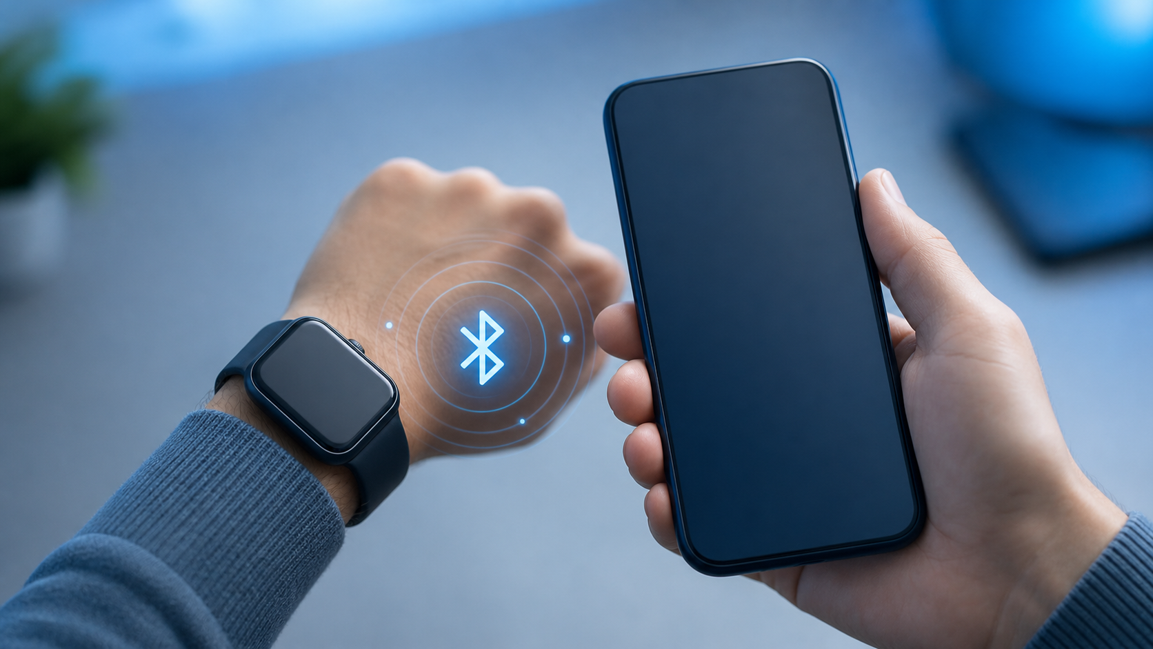 Smartwatch na nadgarstku obok smartfona – parowanie zegarka z telefonem przez Bluetooth
